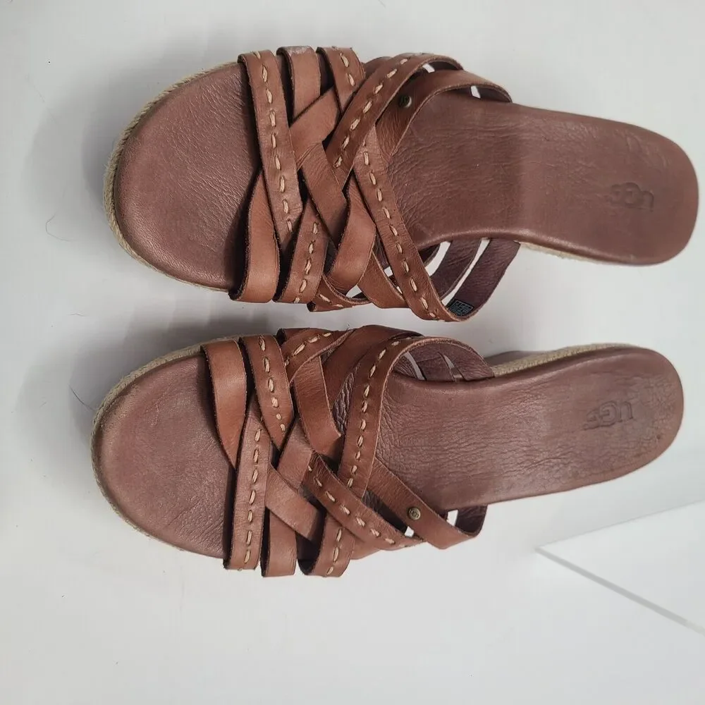 UGG BROWN ADDYSON LEATHER WEDGE PLATFORM SANDALS OPEN TOE WOMENS SIZE 10